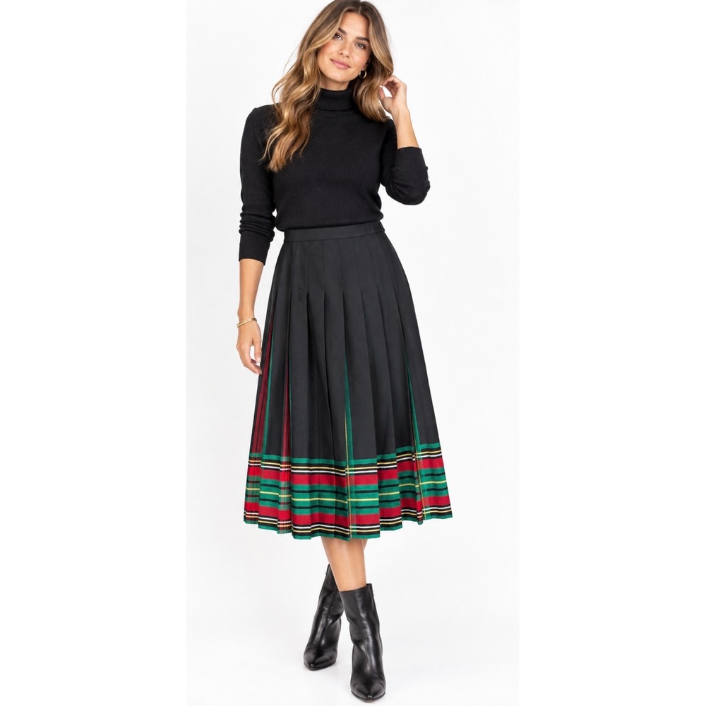 VTG Pendleton 100% Virgin Wool Pleated Midi Skirt Black Womens Size 12 Heritage